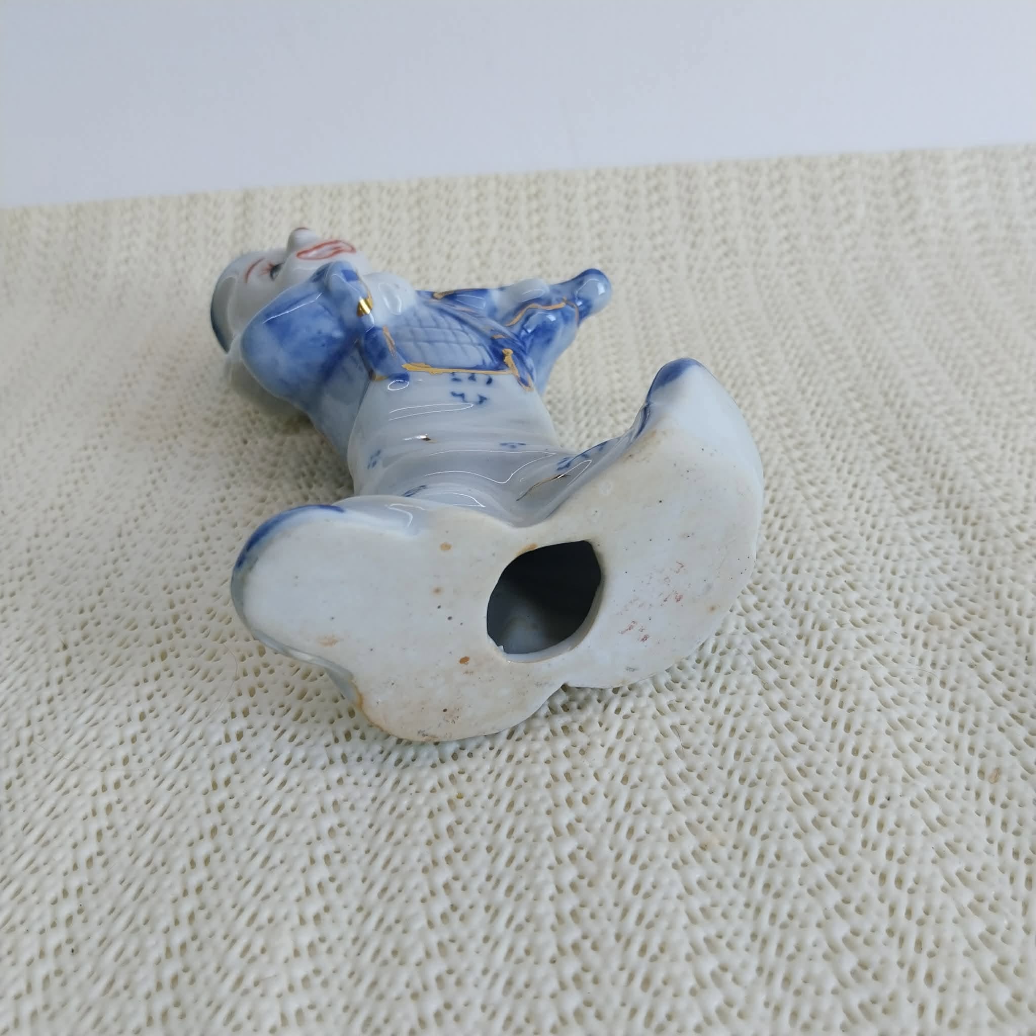 Vintage Porcelain Clown Figurine – Blue & White with Gold Accents
