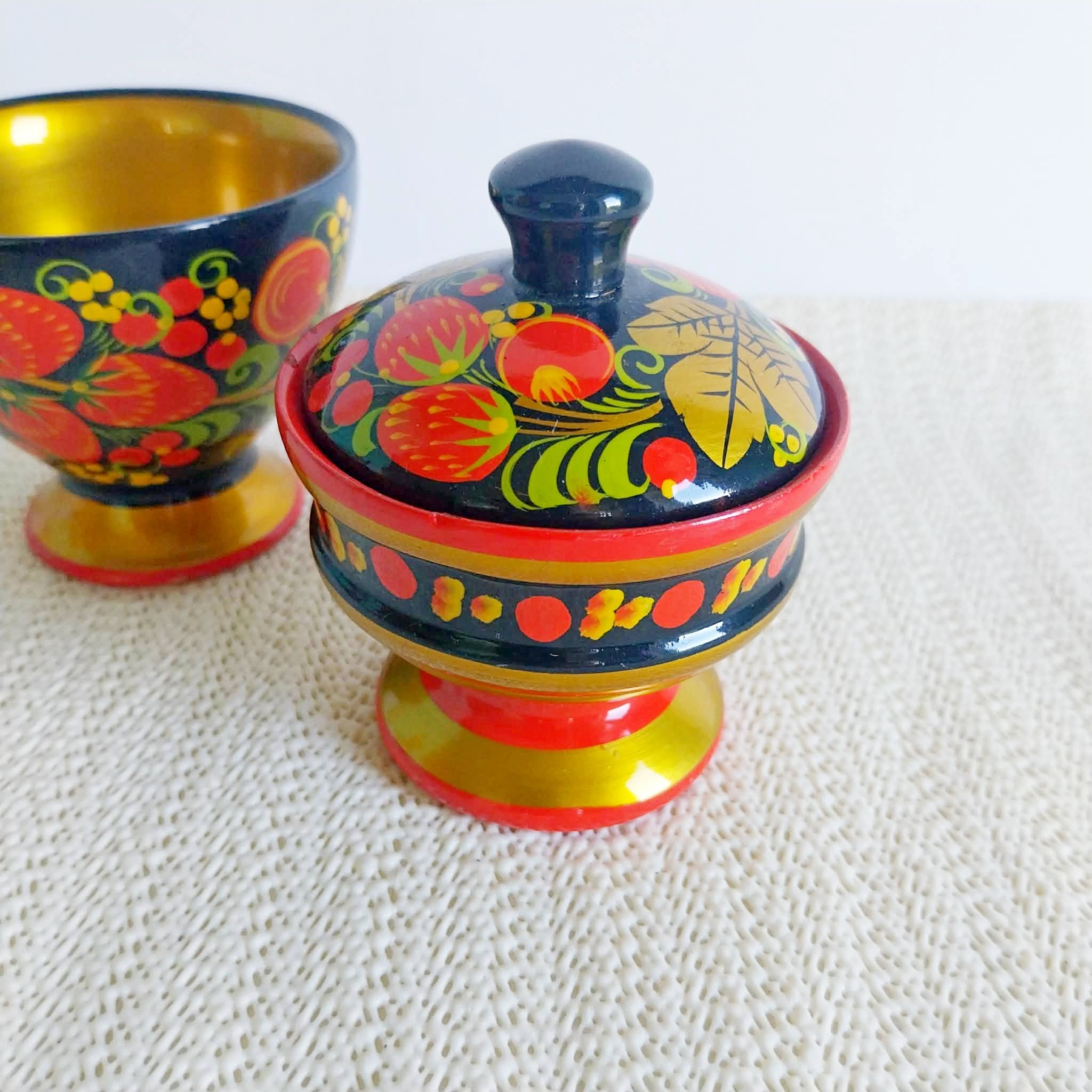 Vintage Russian Khokhloma Wooden Set — Footed Bowl & Lidded Box