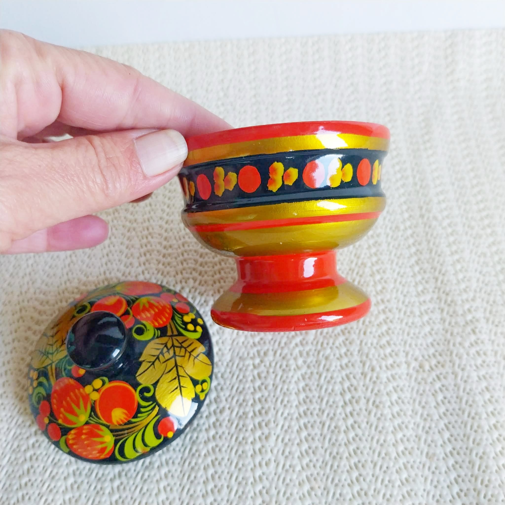 Vintage Russian Khokhloma Wooden Set — Footed Bowl & Lidded Box