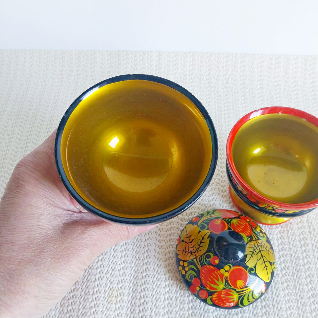 Vintage Russian Khokhloma Wooden Set — Footed Bowl & Lidded Box