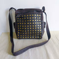 PINKO Studded Suede Crossbody Bag — Dark Brown with Bronze Studs & Red Interior