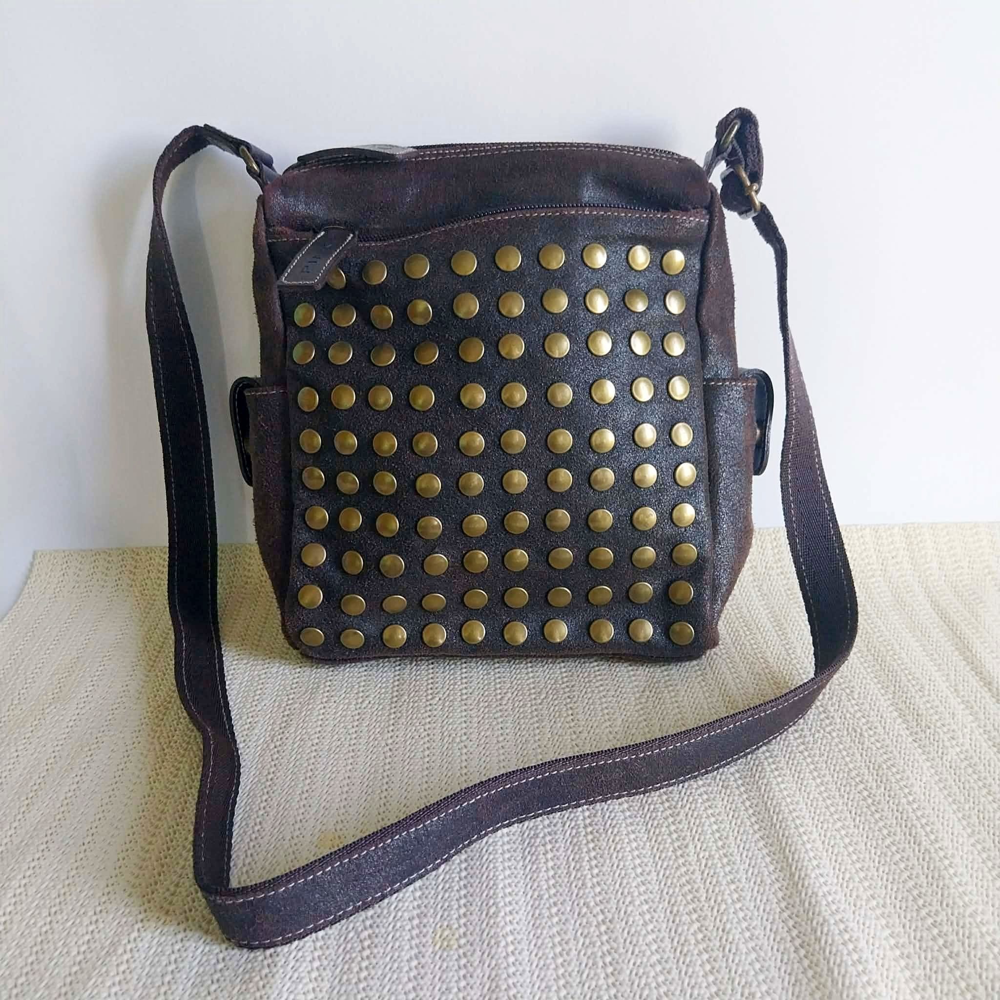 PINKO Studded Suede Crossbody Bag — Dark Brown with Bronze Studs & Red Interior