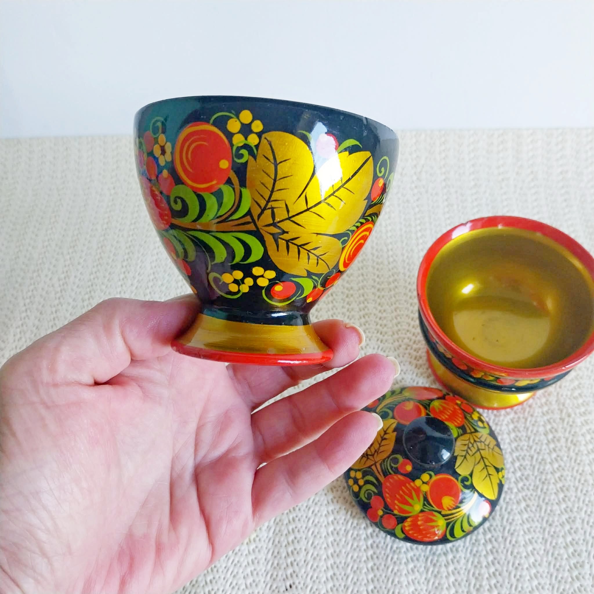 Vintage Russian Khokhloma Wooden Set — Footed Bowl & Lidded Box