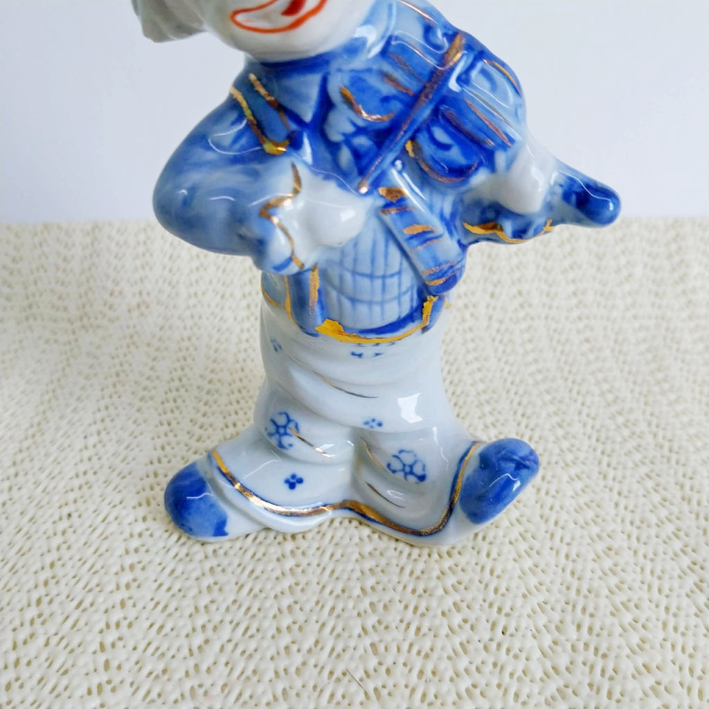 Vintage Porcelain Clown Figurine – Blue & White with Gold Accents
