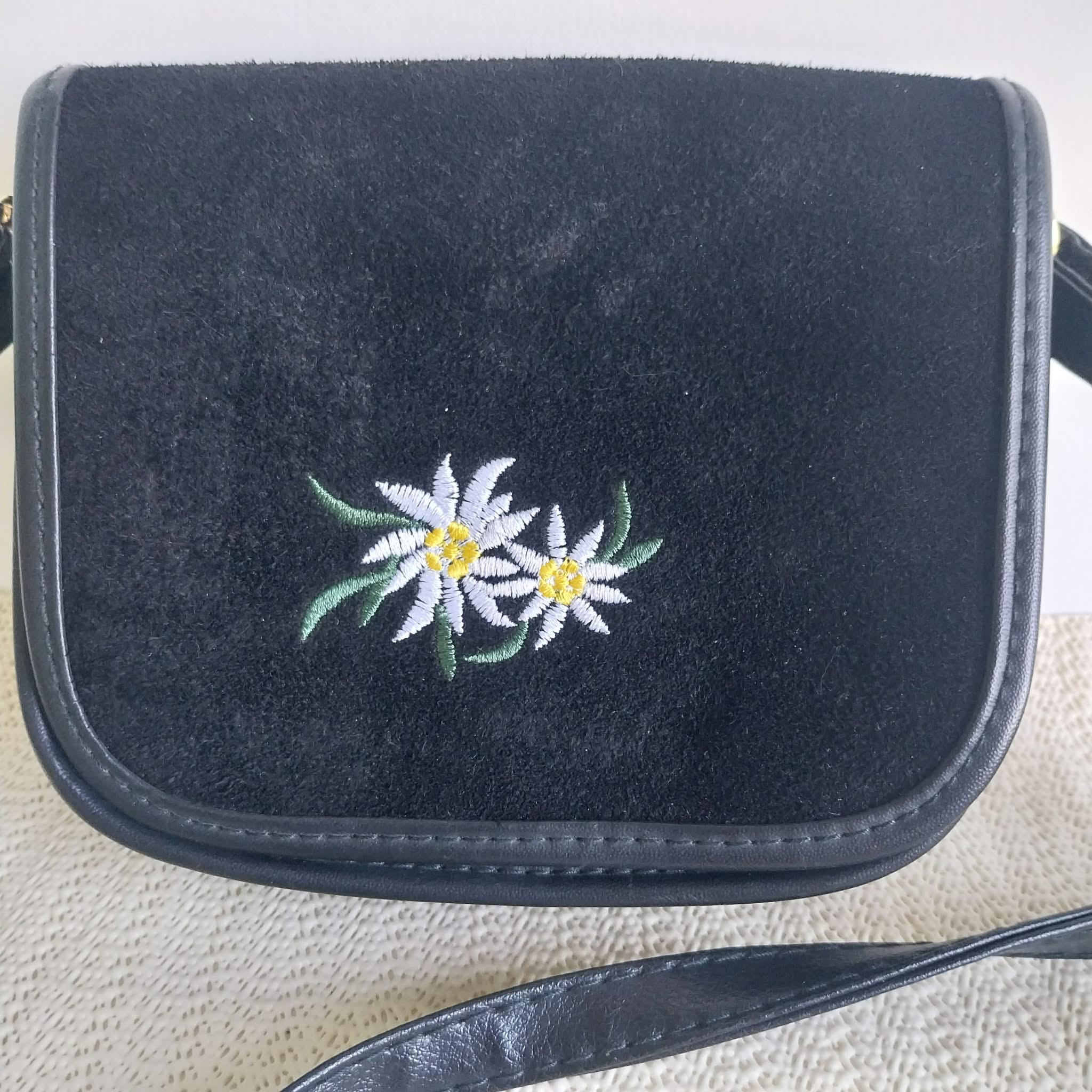 Vintage Edelweiss Crossbody Bag — Black Suede & Faux Leather