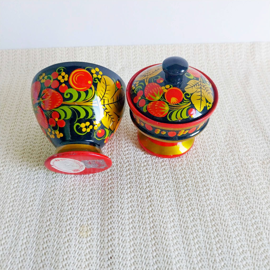 Vintage Russian Khokhloma Wooden Set — Footed Bowl & Lidded Box