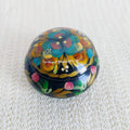 Vintage Ukrainian lacquered wooden trinket box closed — Petrykivka floral motifs on black