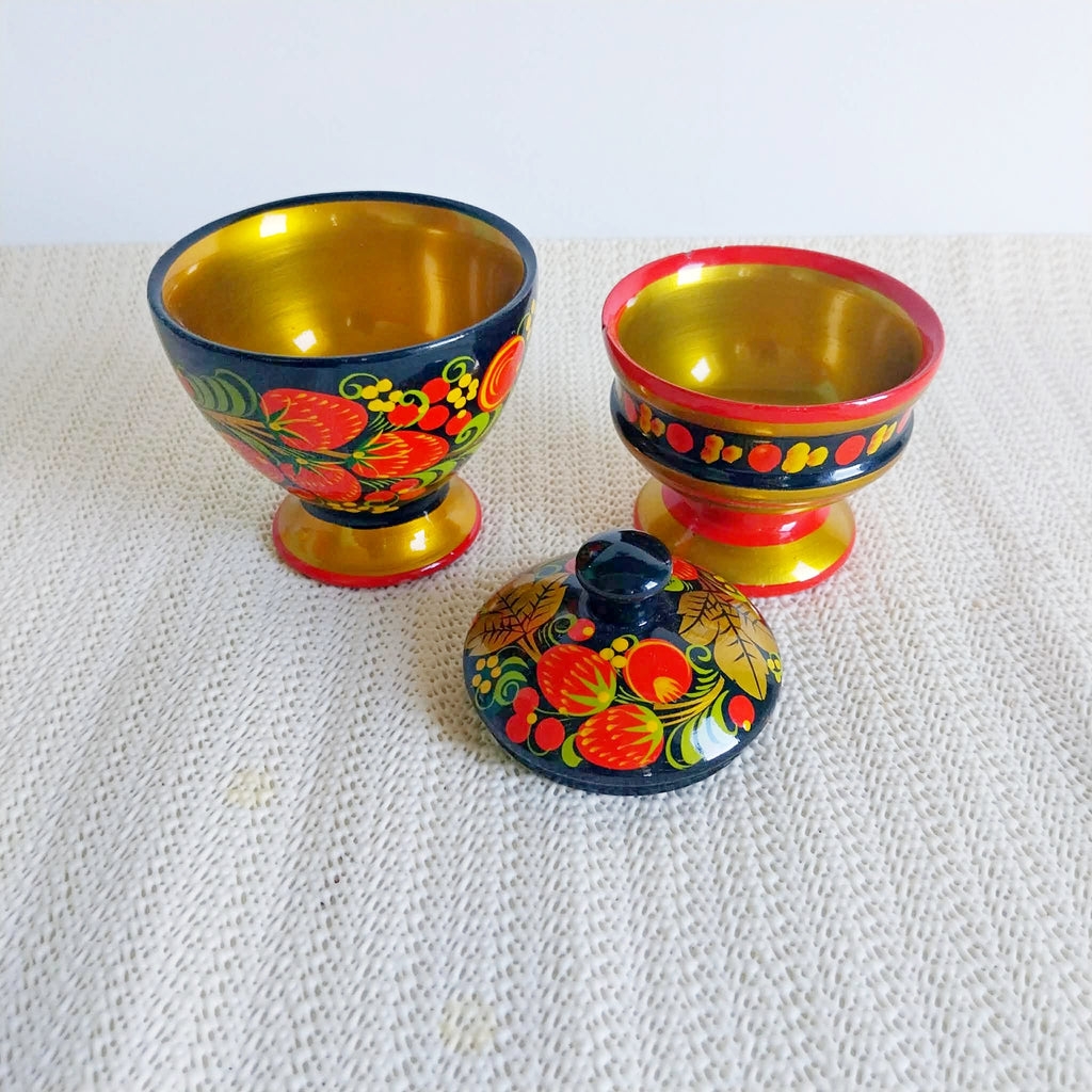 Vintage Russian Khokhloma Wooden Set — Footed Bowl & Lidded Box