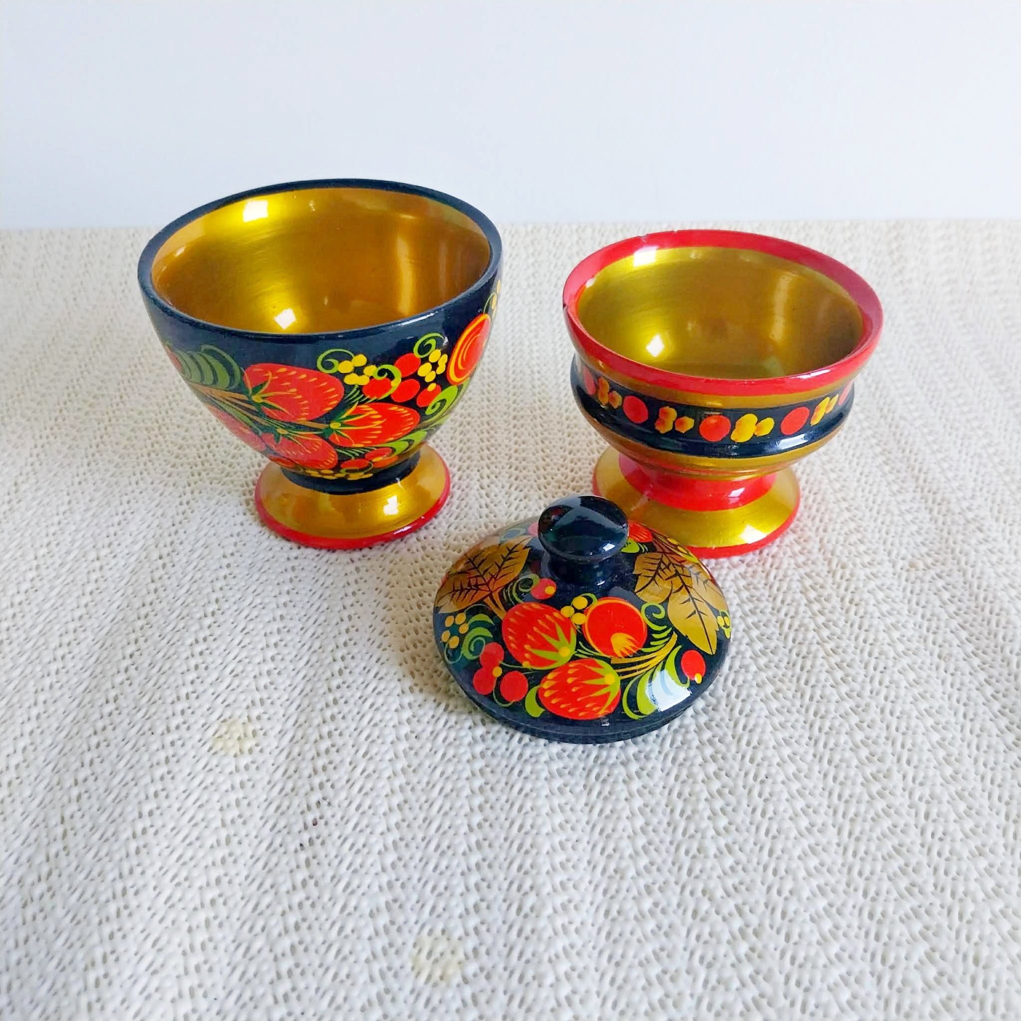 Vintage Russian Khokhloma Wooden Set — Footed Bowl & Lidded Box
