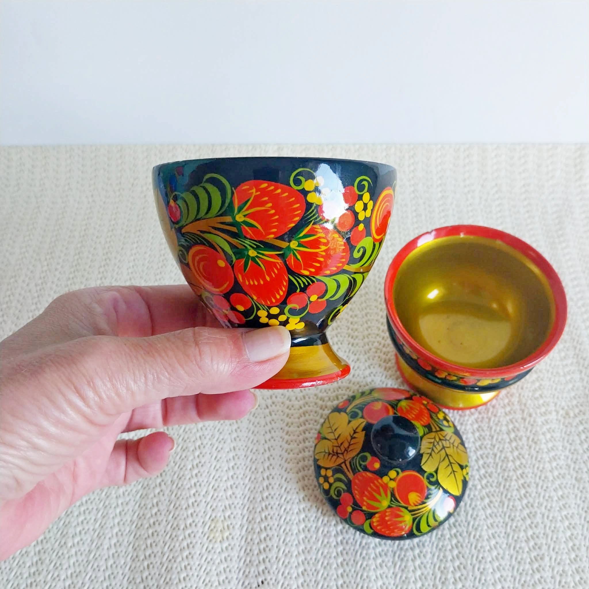 Vintage Russian Khokhloma Wooden Set — Footed Bowl & Lidded Box