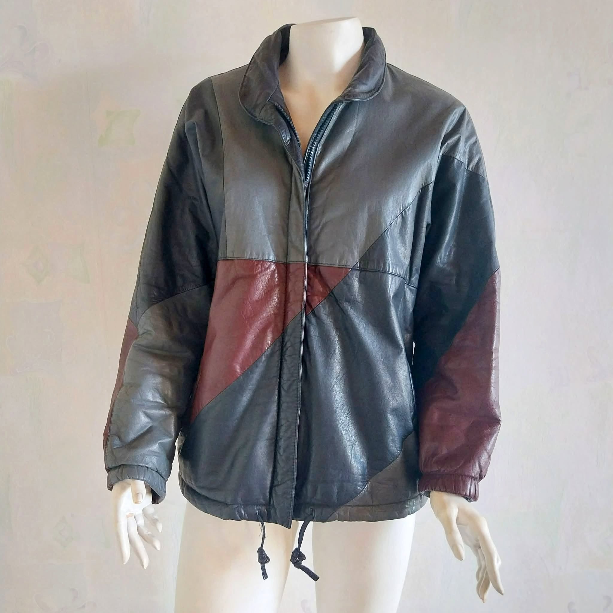 L. Lambertazzi Vintage Leather Jacket — Black, Grey & Burgundy Patchwork, Italian Style, Size 38