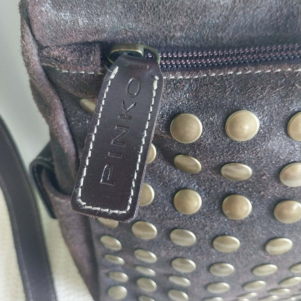PINKO Studded Suede Crossbody Bag — Dark Brown with Bronze Studs & Red Interior