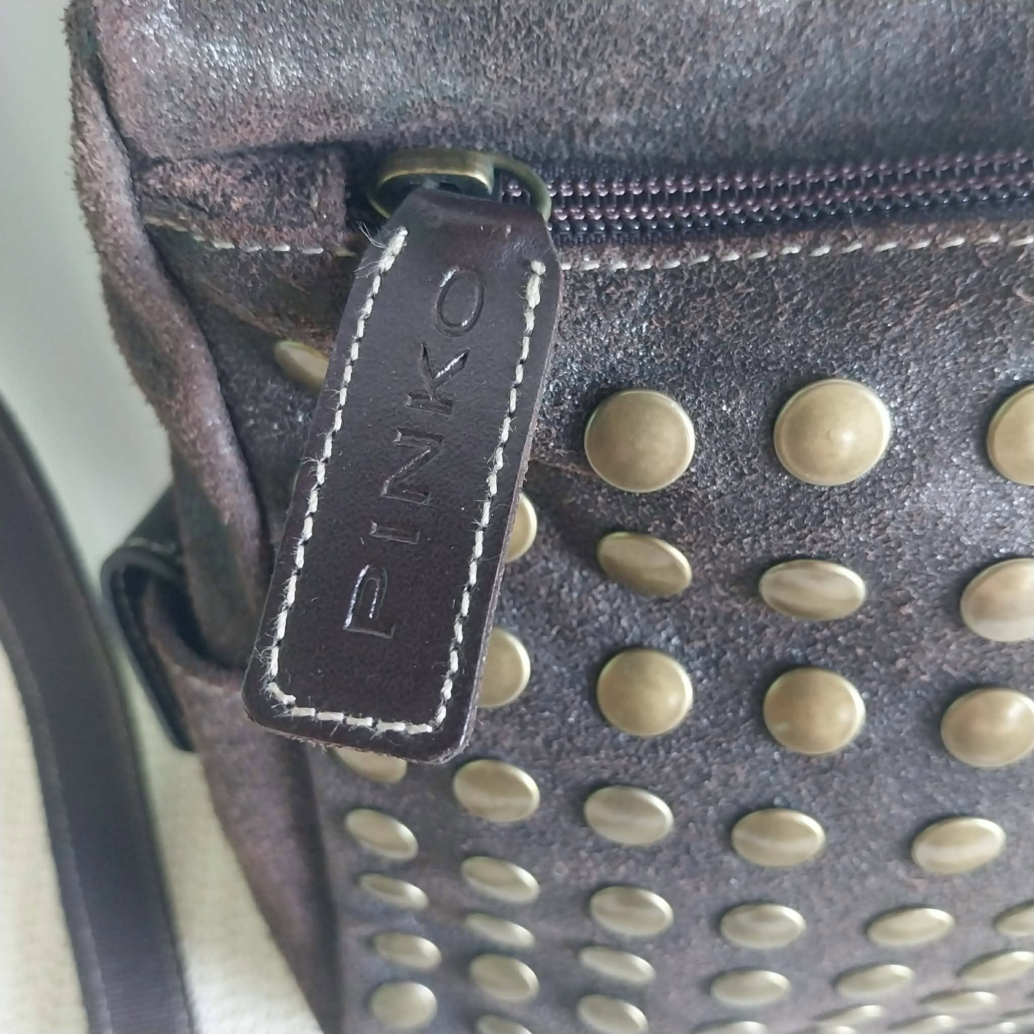 PINKO Studded Suede Crossbody Bag — Dark Brown with Bronze Studs & Red Interior