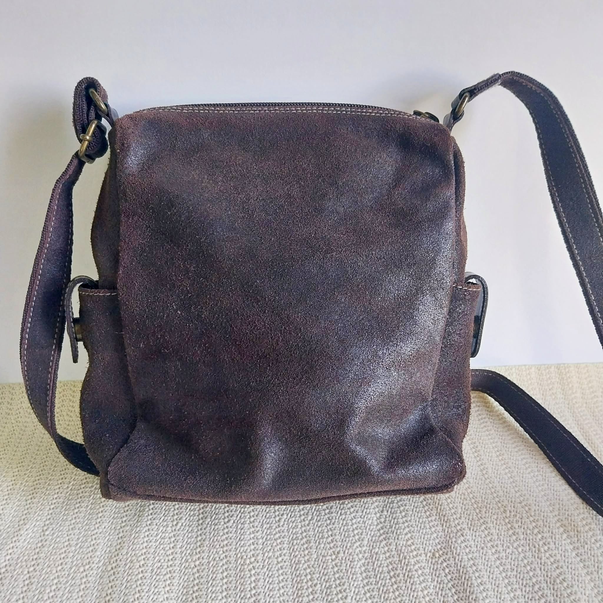 PINKO Studded Suede Crossbody Bag — Dark Brown with Bronze Studs & Red Interior