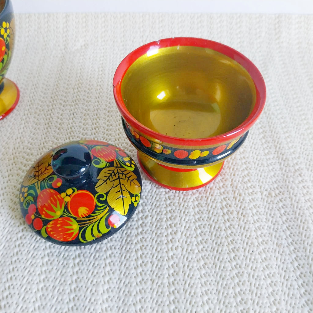 Vintage Russian Khokhloma Wooden Set — Footed Bowl & Lidded Box