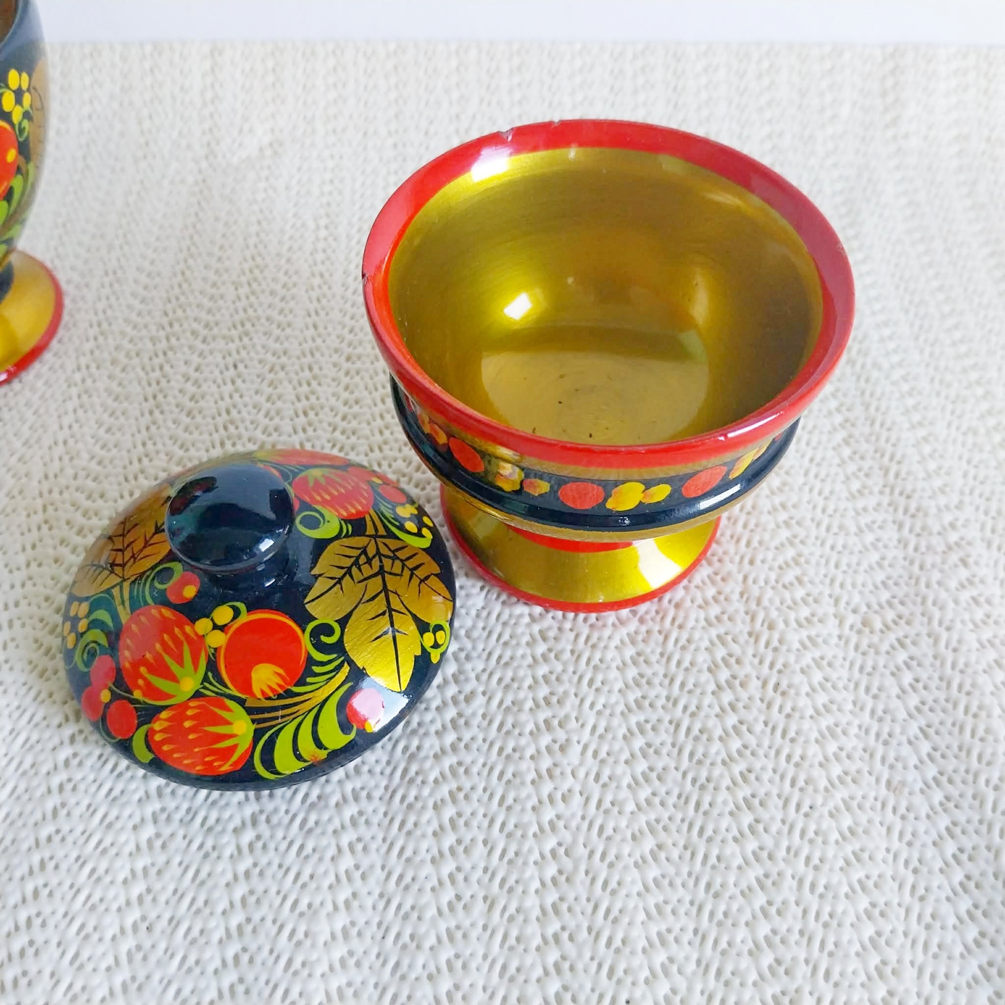 Vintage Russian Khokhloma Wooden Set — Footed Bowl & Lidded Box