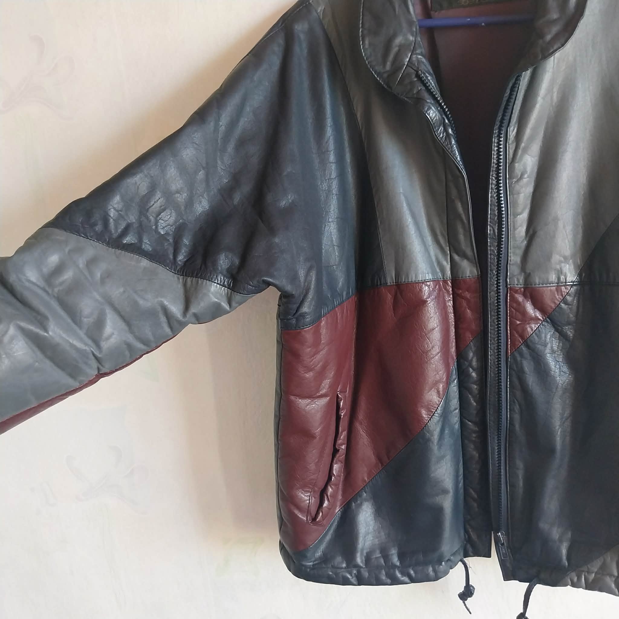 L. Lambertazzi Vintage Leather Jacket — Black, Grey & Burgundy Patchwork, Italian Style, Size 38