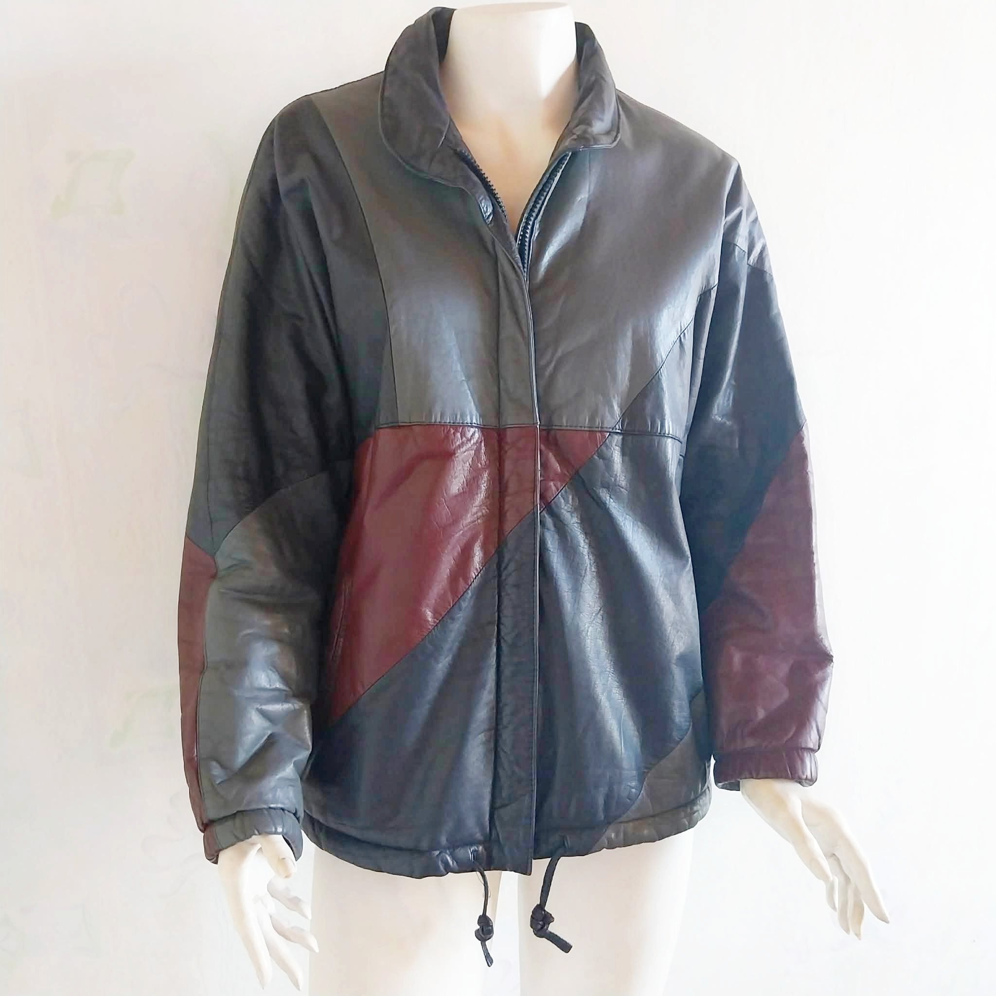 L. Lambertazzi Vintage Leather Jacket — Black, Grey & Burgundy Patchwork, Italian Style, Size 38