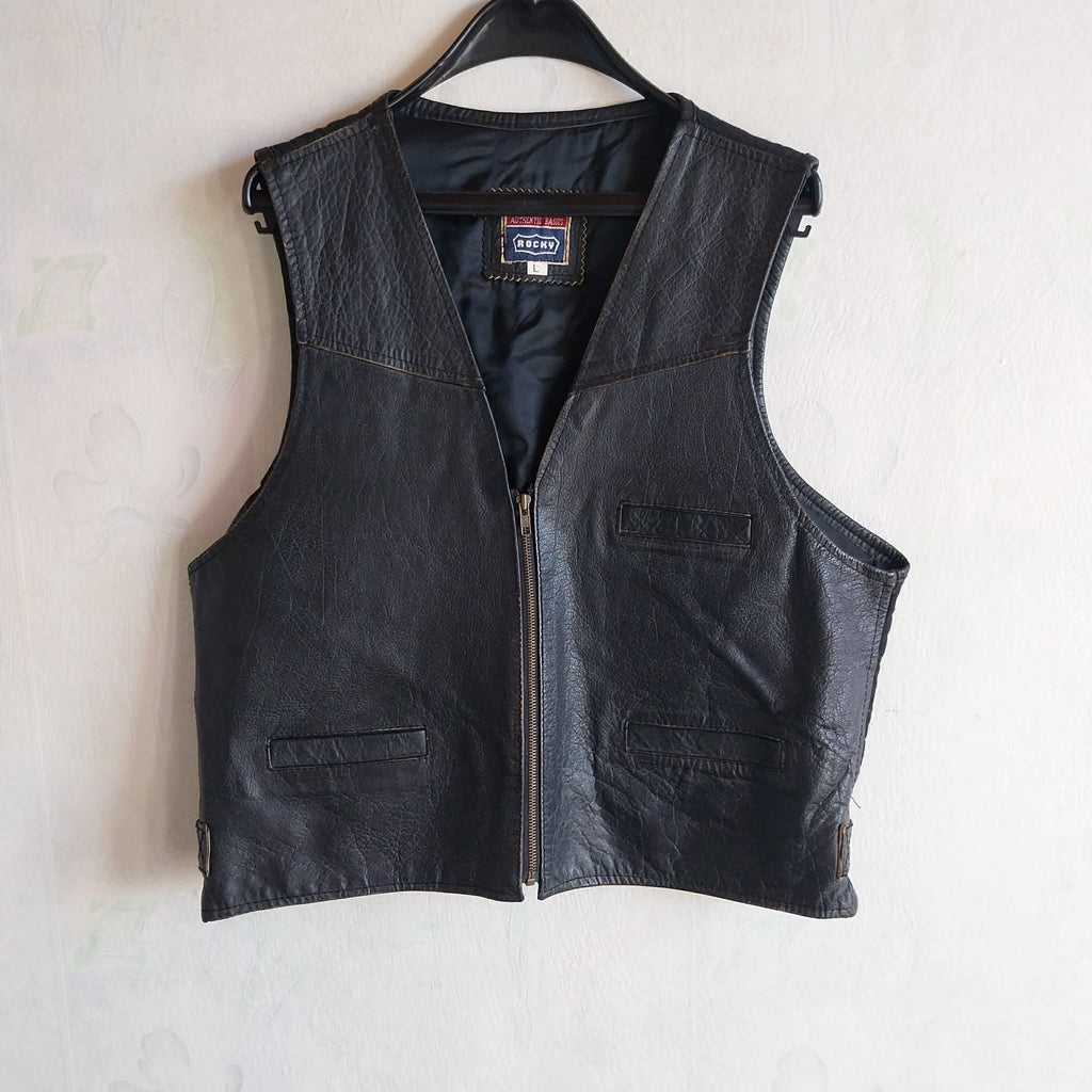 Vintage men's black leather vest Rocky front view