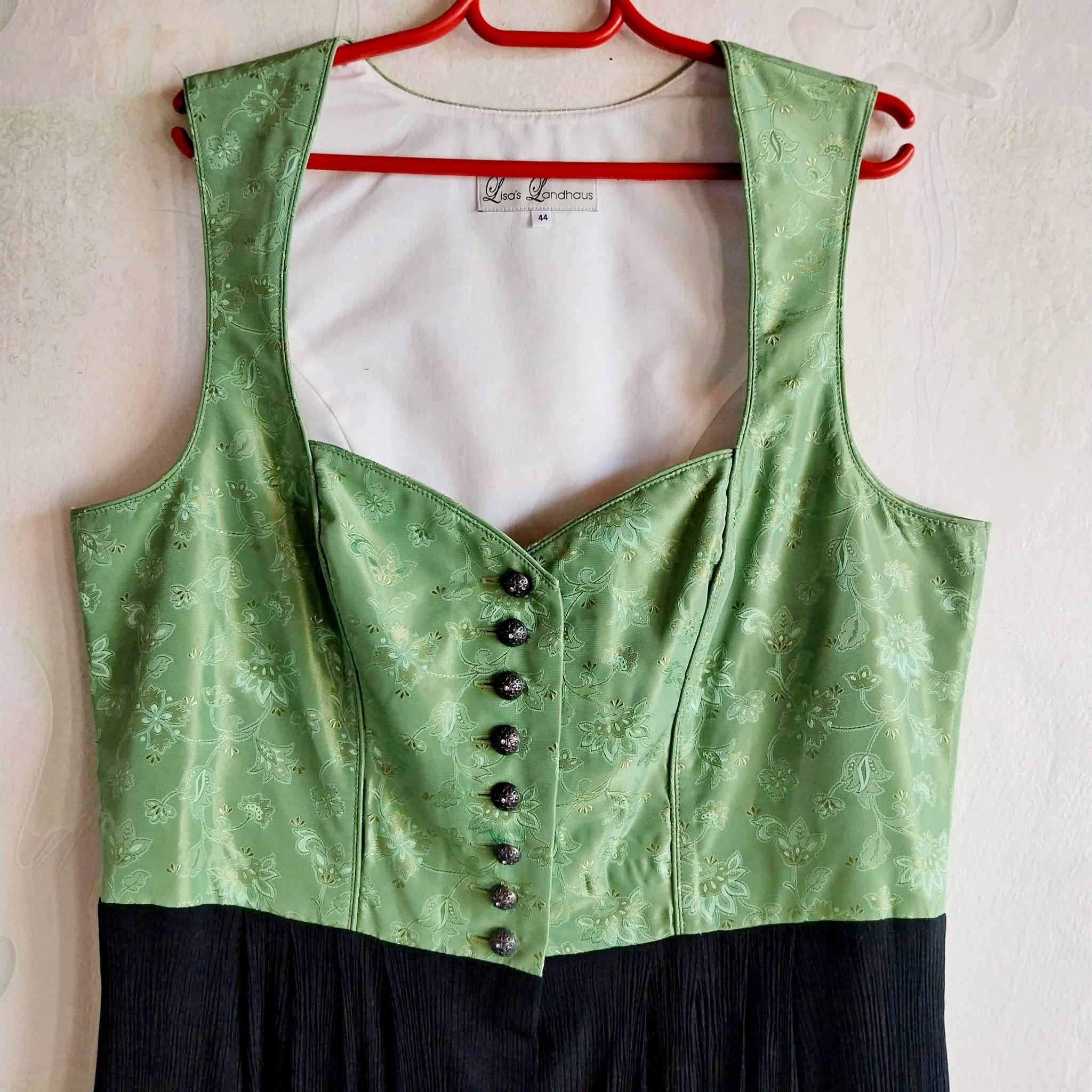 Vintage Dirndl Dress by Lisa's Landhaus – Green Jacquard & Black Skirt, Size 44
