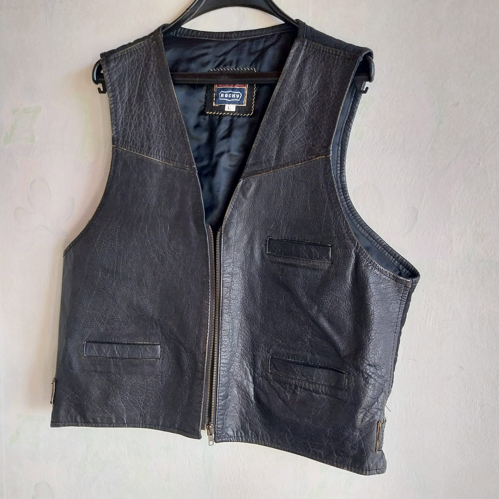 Vintage Men's Black Leather Vest | Rocky Authentic Basics | Size L | 1990s