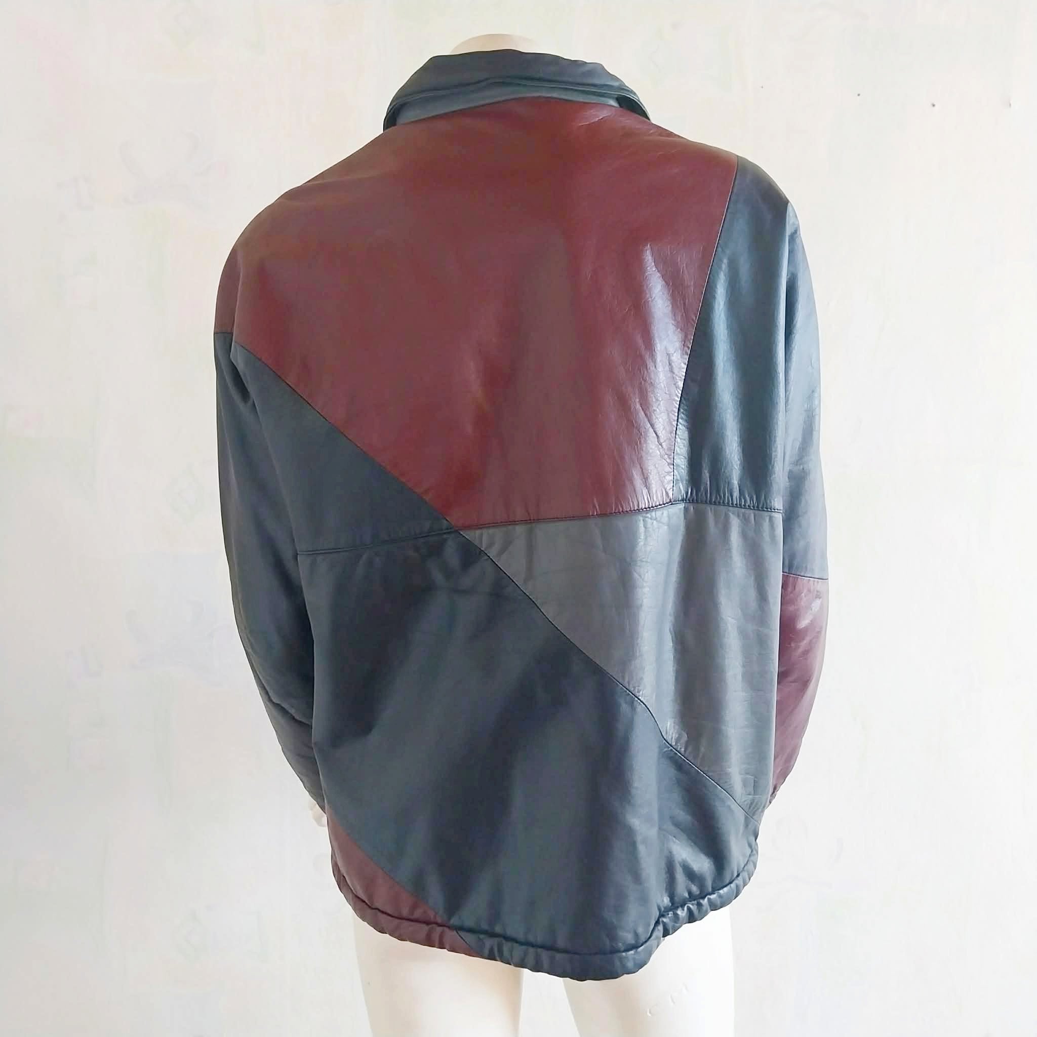 L. Lambertazzi Vintage Leather Jacket — Black, Grey & Burgundy Patchwork, Italian Style, Size 38