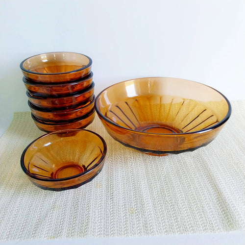 Bulgarian Amber Glass Bowl Set – 1980s Vintage, 7 pcs