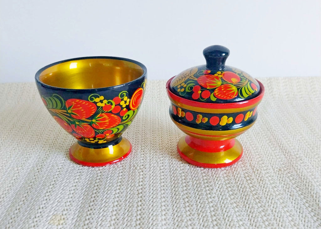 Vintage Russian Khokhloma wooden set — footed bowl and lidded box with folk art floral decoration