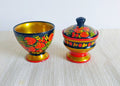 Vintage Russian Khokhloma wooden set — footed bowl and lidded box with folk art floral decoration