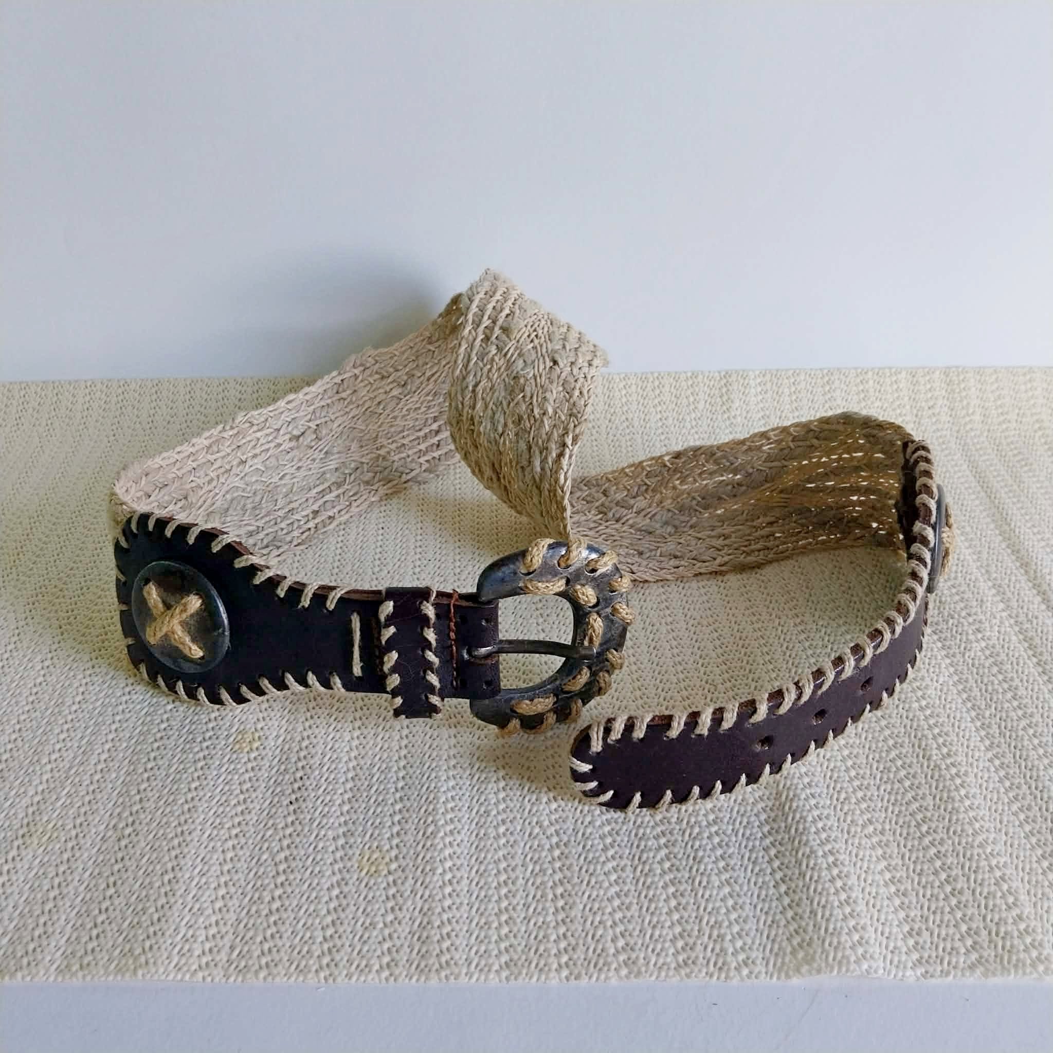 Vintage Dirndl Belt – Braided Jute & Dark Leather with Ornate Buckle