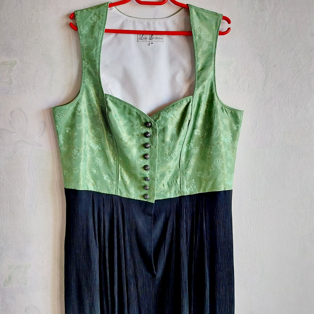 Vintage Dirndl Dress by Lisa's Landhaus – Green Jacquard & Black Skirt, Size 44