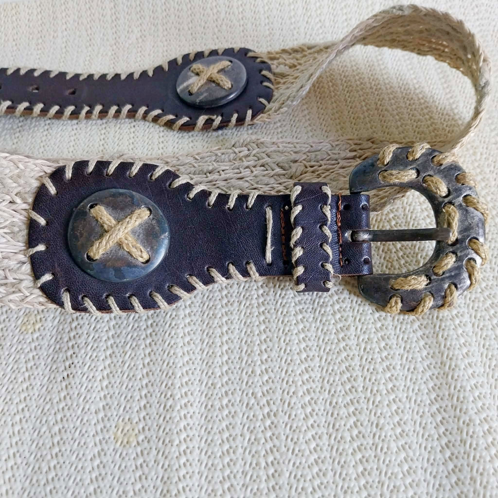 Vintage Dirndl Belt – Braided Jute & Dark Leather with Ornate Buckle