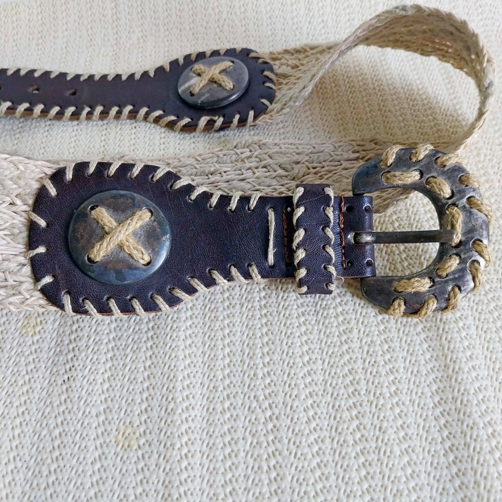 Vintage Dirndl Belt – Braided Jute & Dark Leather with Ornate Buckle