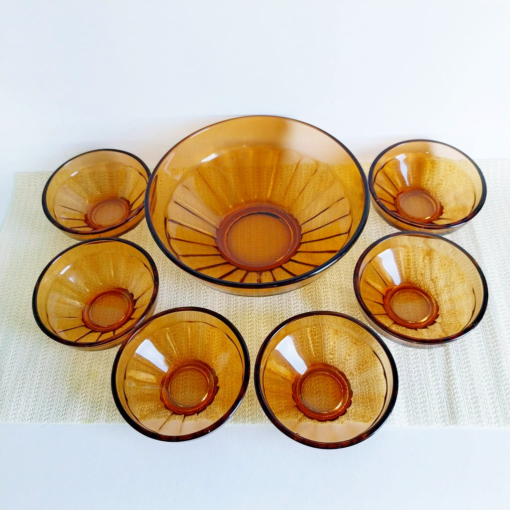 Bulgarian Amber Glass Bowl Set – 1980s Vintage, 7 pcs