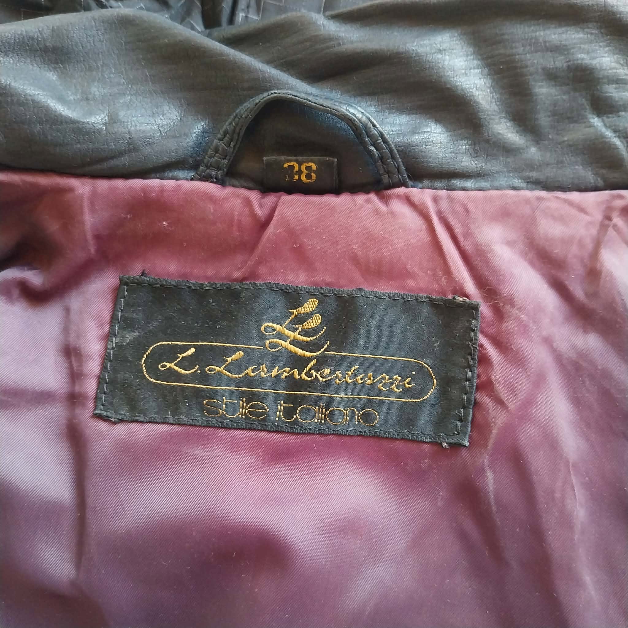 L. Lambertazzi Vintage Leather Jacket — Black, Grey & Burgundy Patchwork, Italian Style, Size 38