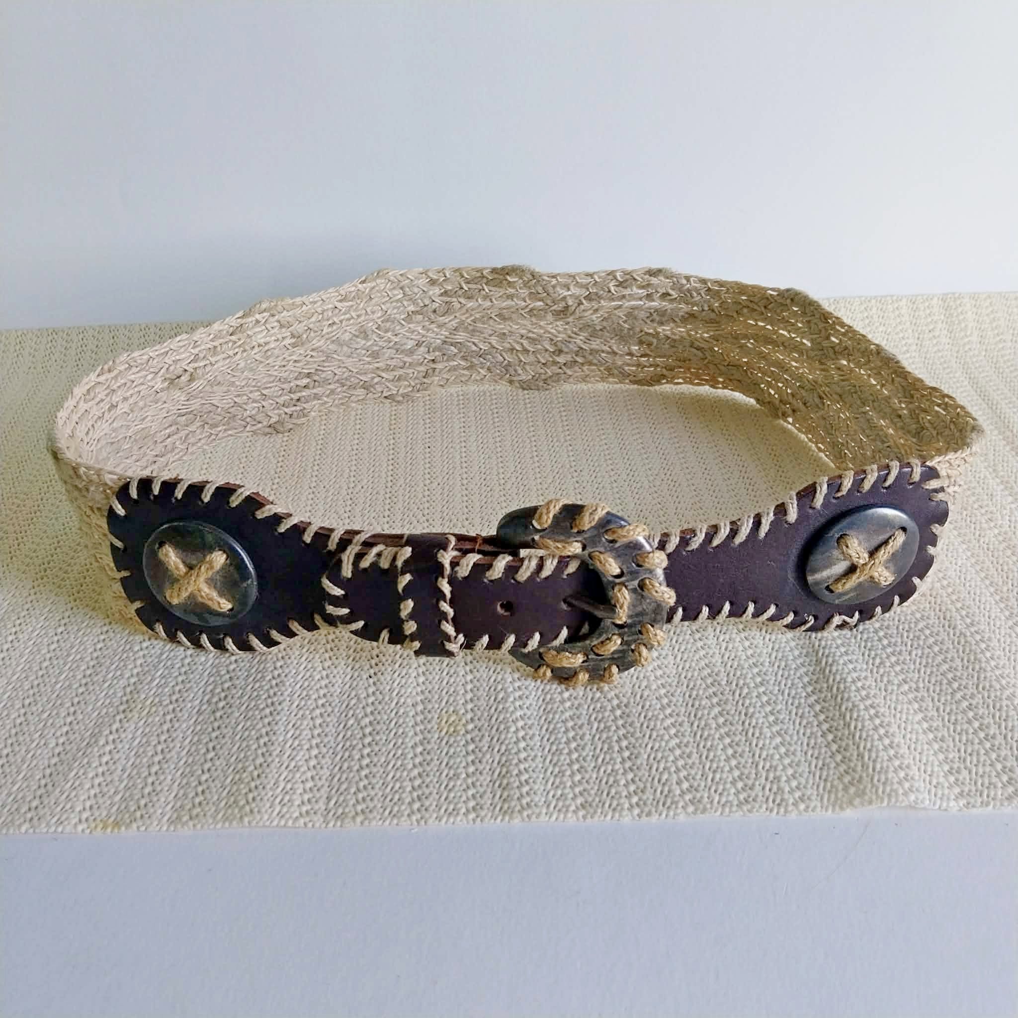 Vintage Dirndl Belt – Braided Jute & Dark Leather with Ornate Buckle