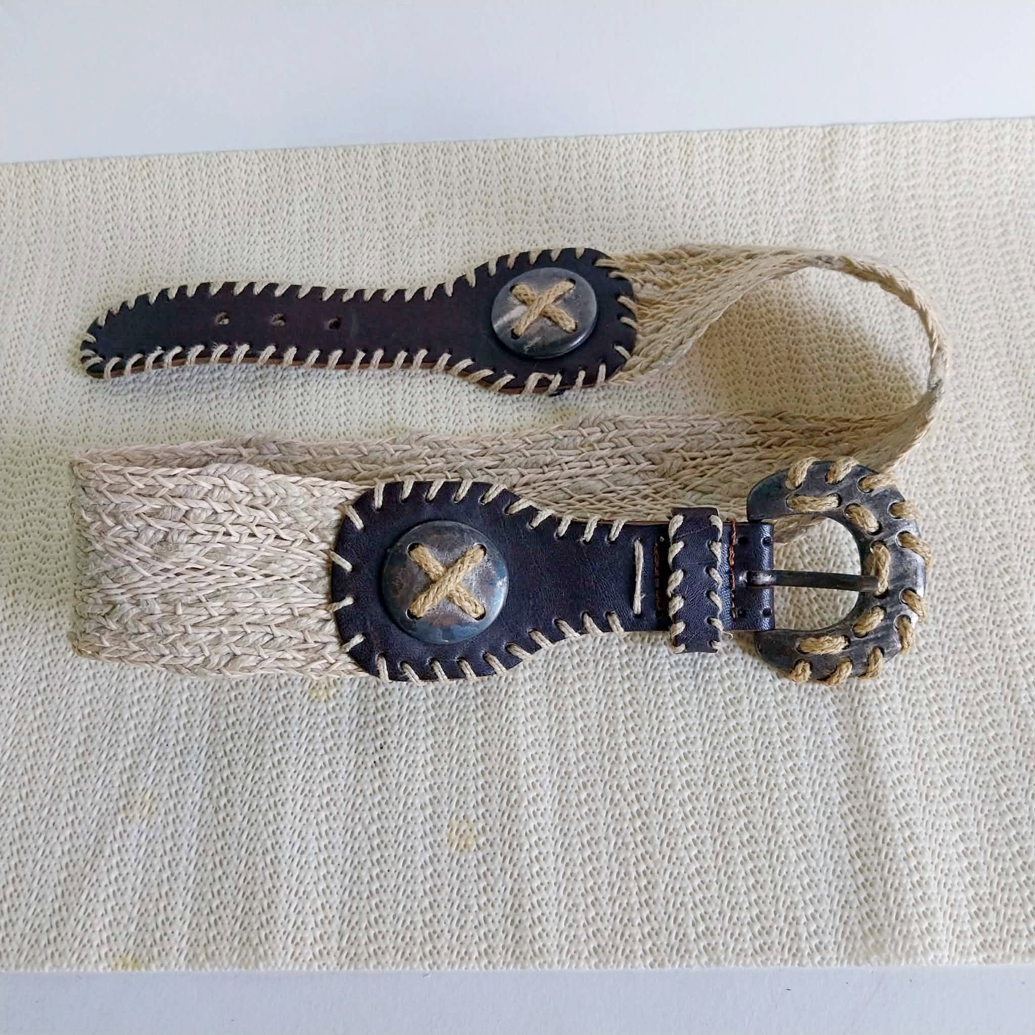 Vintage Dirndl Belt – Braided Jute & Dark Leather with Ornate Buckle