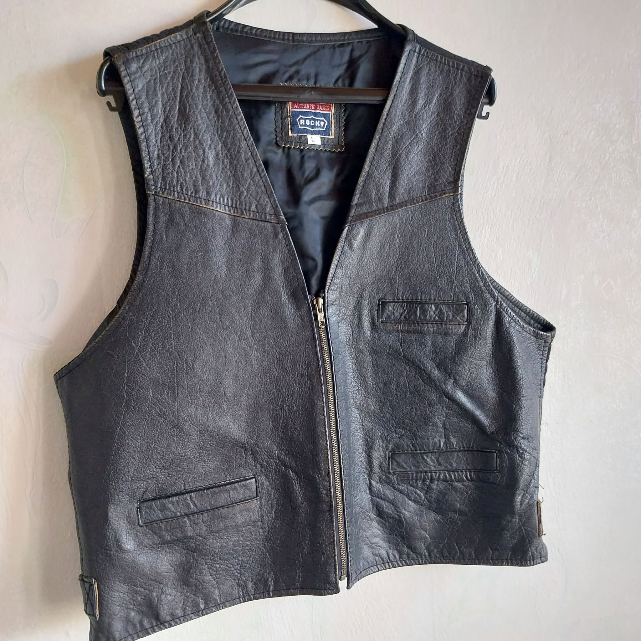 Vintage Men's Black Leather Vest | Rocky Authentic Basics | Size L | 1990s