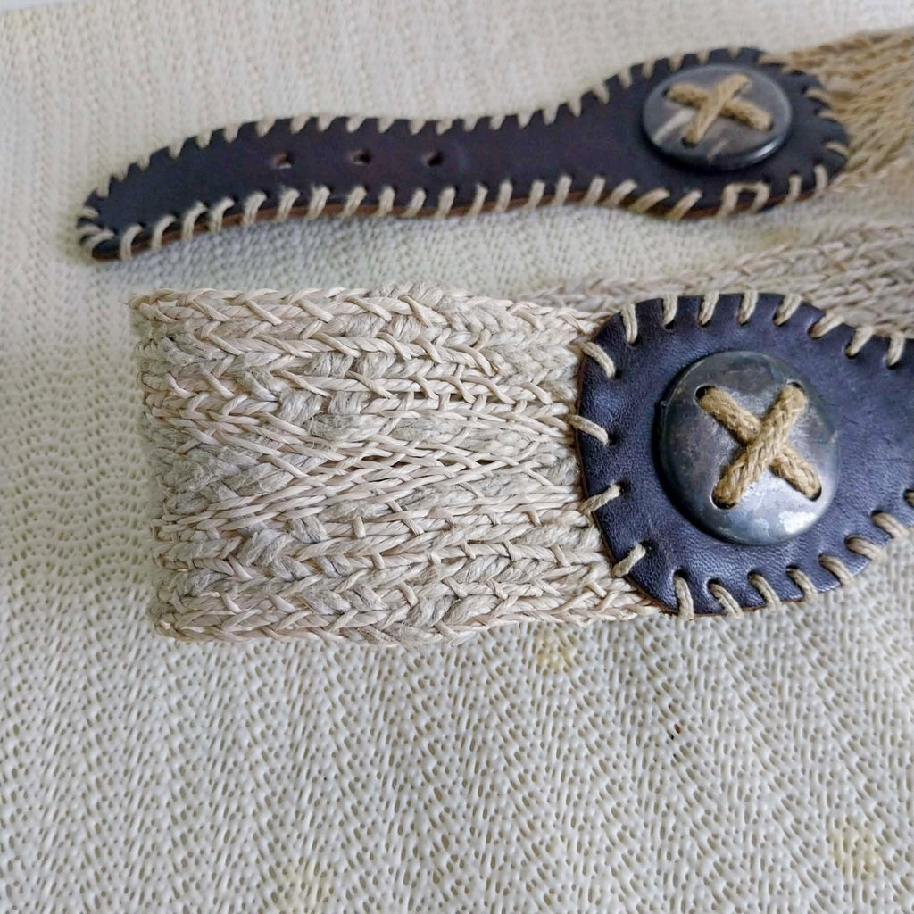 Vintage Dirndl Belt – Braided Jute & Dark Leather with Ornate Buckle