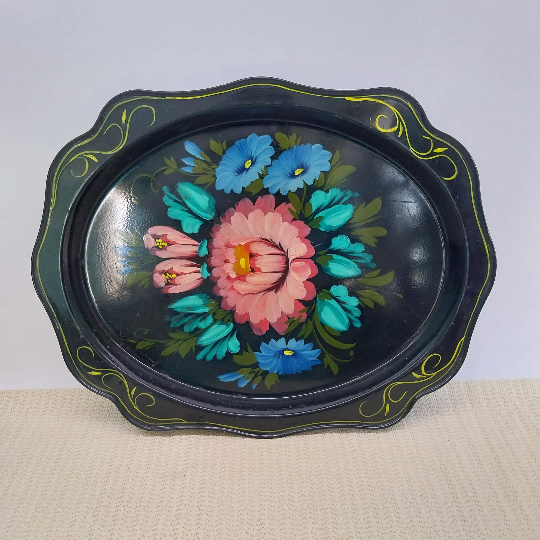 Vintage Russian Hand-Painted Floral Metal Tray — Soviet Art