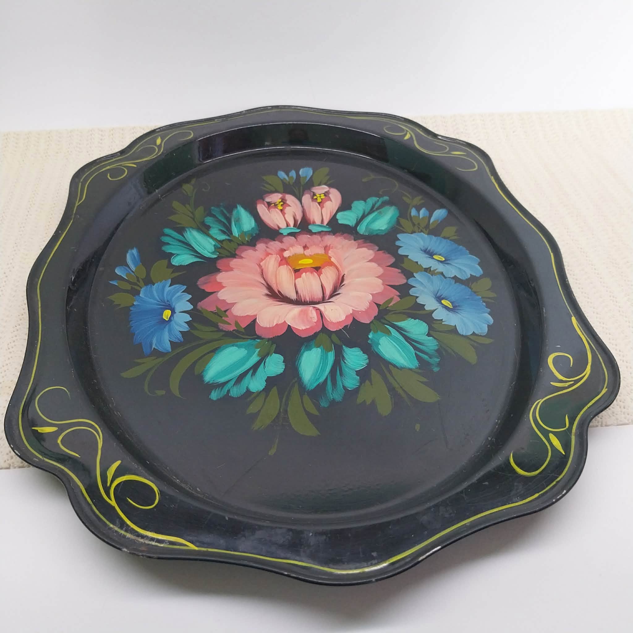 Vintage Russian Hand-Painted Floral Metal Tray — Soviet Art