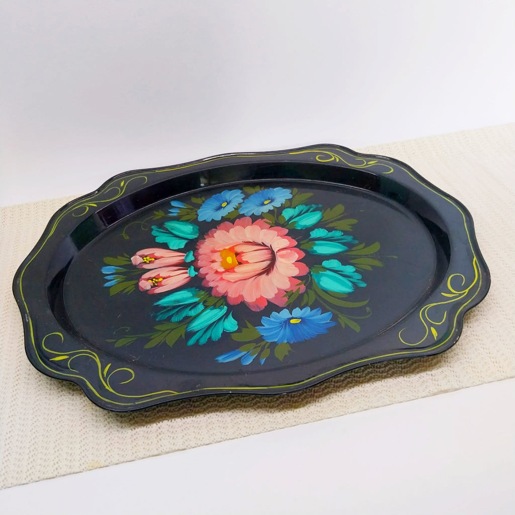 Vintage Russian Hand-Painted Floral Metal Tray — Soviet Art