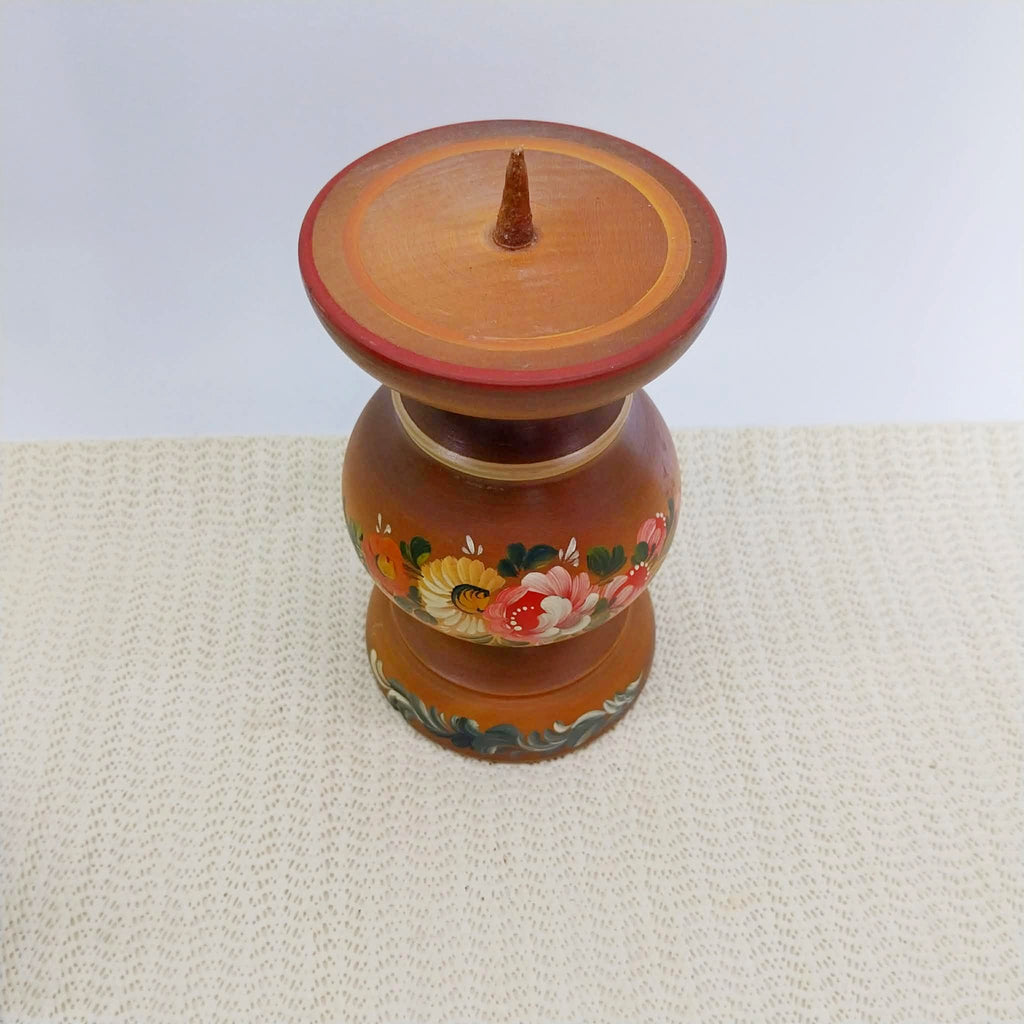Vintage Wooden Candle Holder with Folk Art Painting — 15 cm