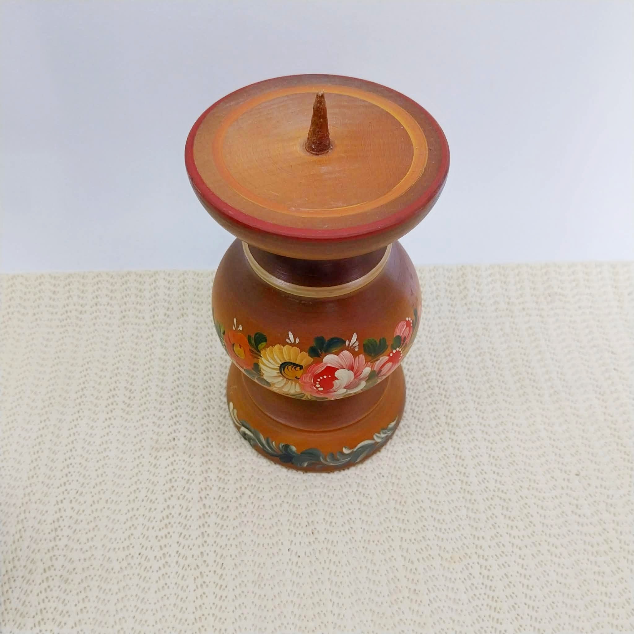 Vintage Wooden Candle Holder with Folk Art Painting — 15 cm