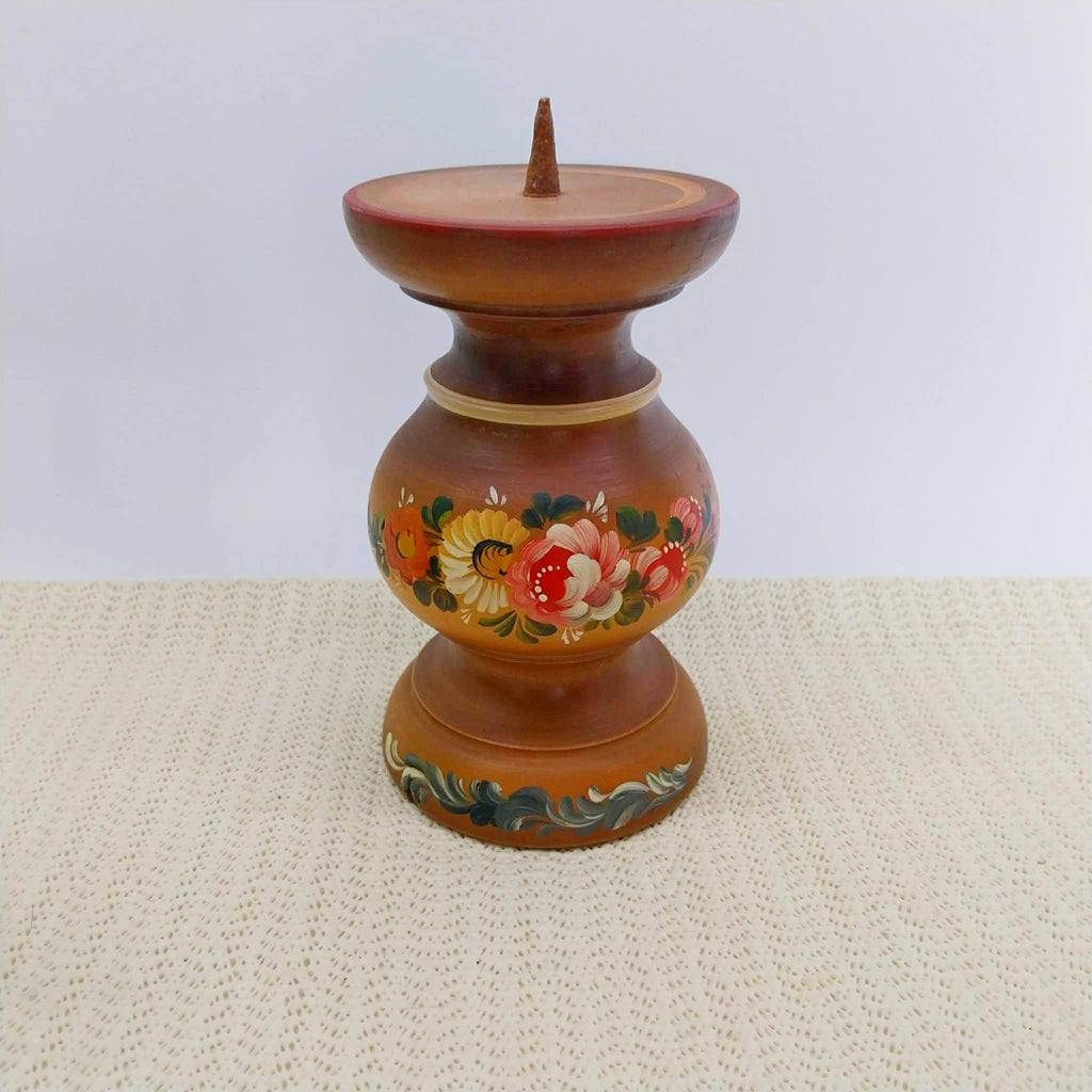 Vintage wooden candle holder with hand-painted folk art florals