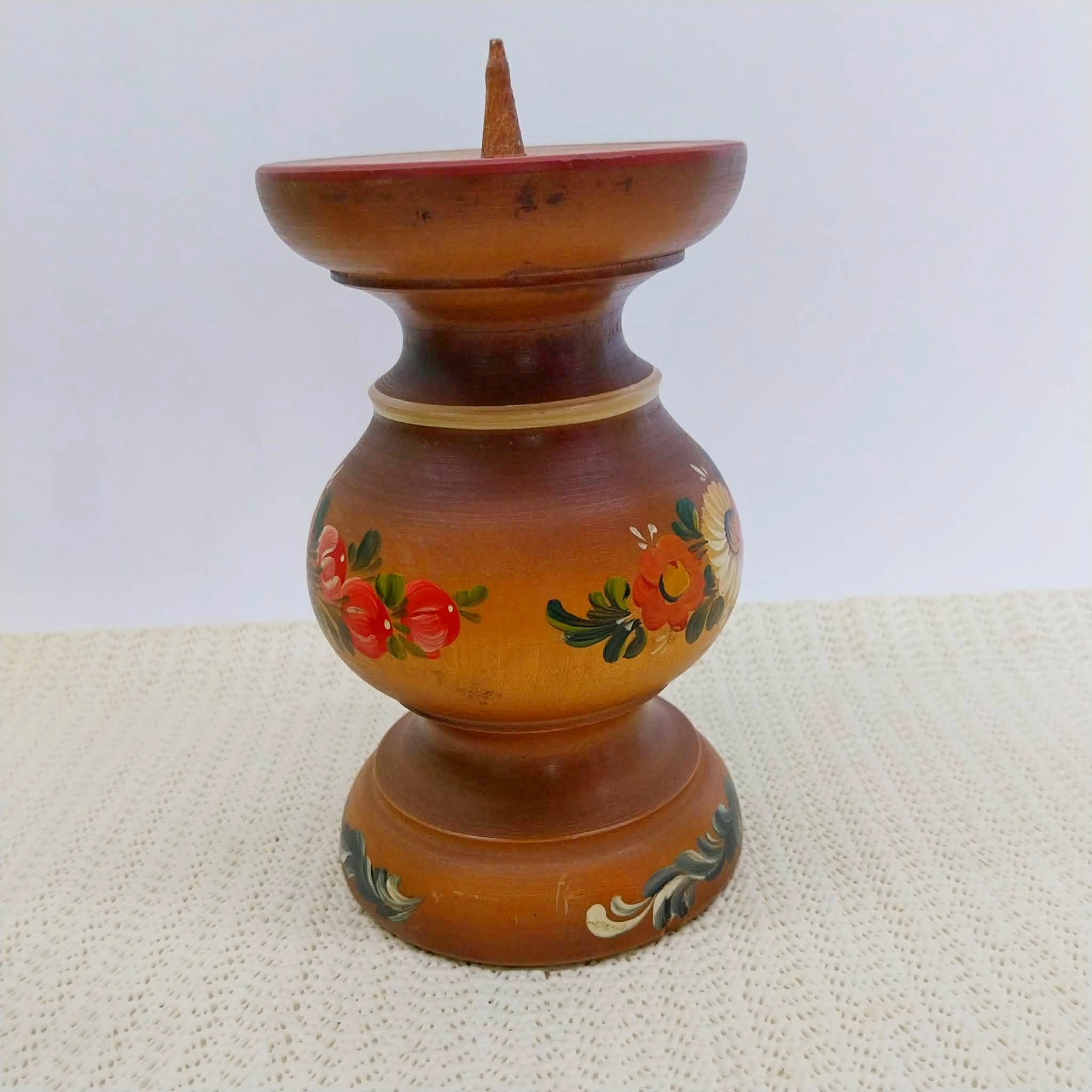 Vintage Wooden Candle Holder with Folk Art Painting — 15 cm