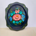 Vintage Russian Zhostovo hand-painted metal tray with floral bouquet on black lacquer background