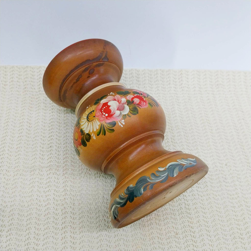 Vintage Wooden Candle Holder with Folk Art Painting — 15 cm