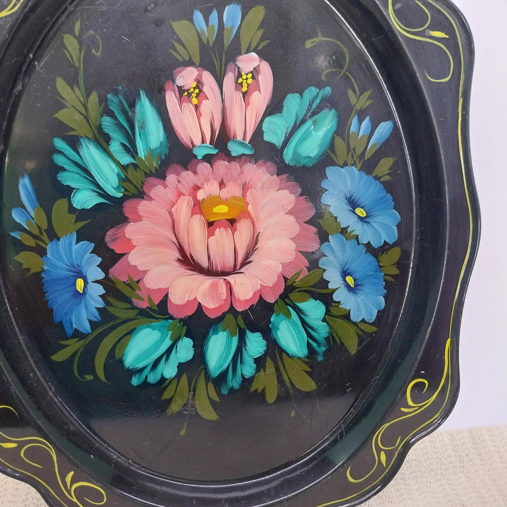Vintage Russian Hand-Painted Floral Metal Tray — Soviet Art