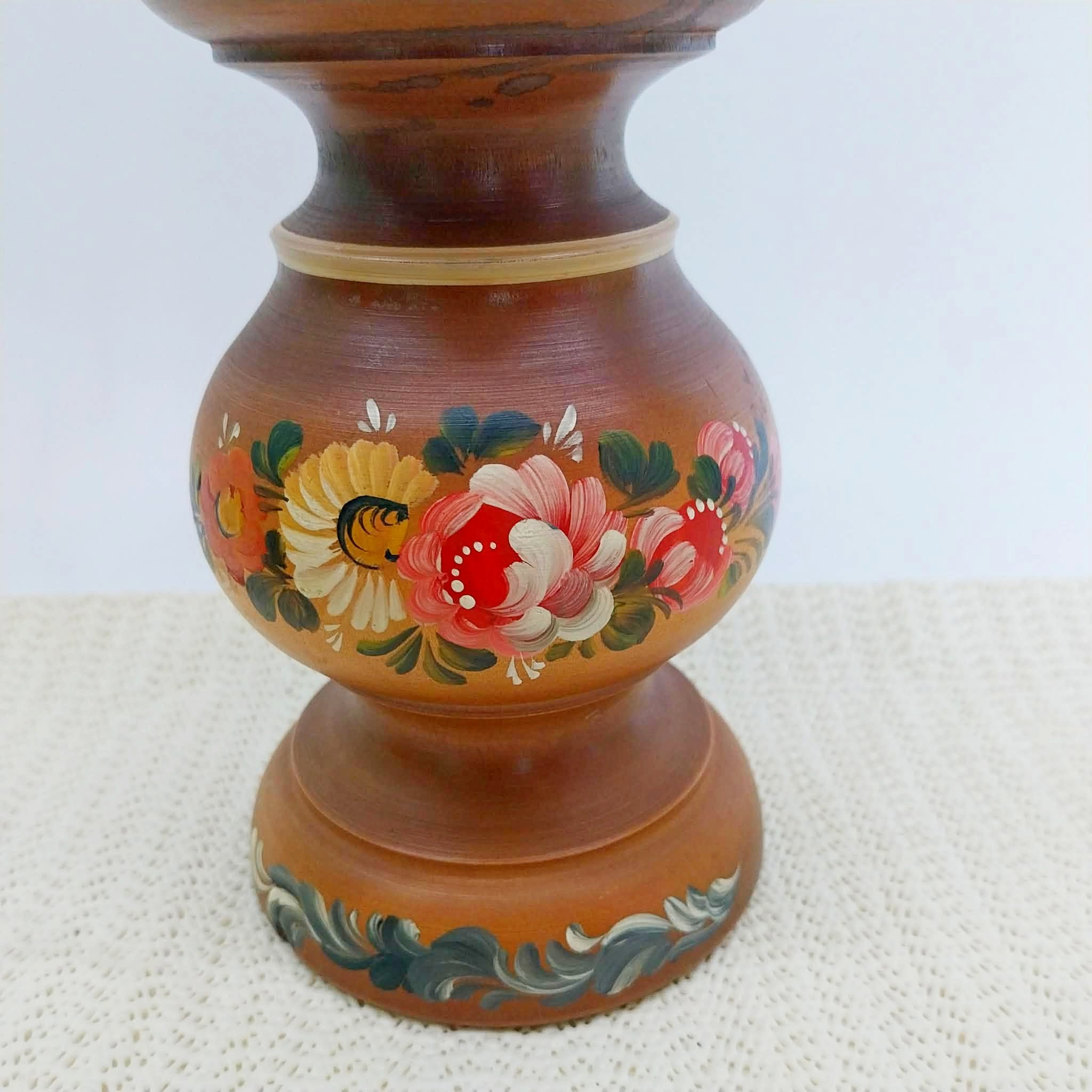 Vintage Wooden Candle Holder with Folk Art Painting — 15 cm